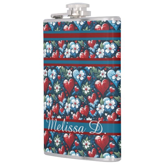 Bloemen Kerst Harten in Rood Blauw en Groen Heupfles (Links)