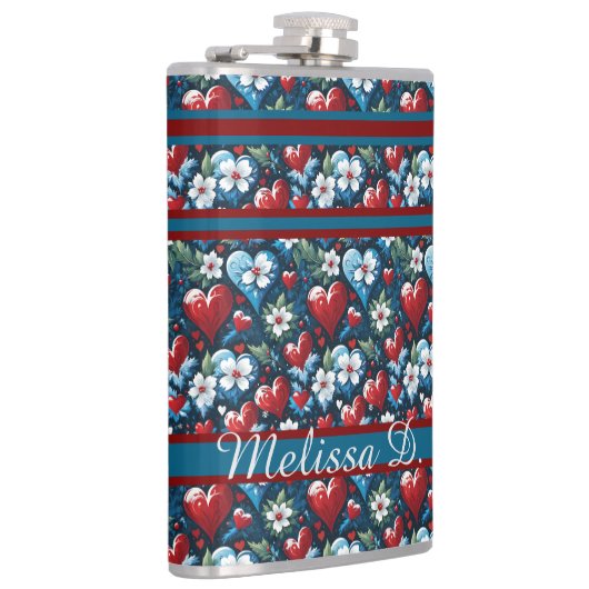 Bloemen Kerst Harten in Rood Blauw en Groen Heupfles (Rechts)