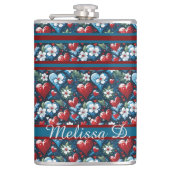 Bloemen Kerst Harten in Rood Blauw en Groen Heupfles (Voorkant)