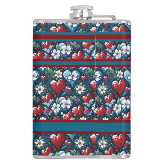 Bloemen Kerst Harten in Rood Blauw en Groen Heupfles (Achterkant)