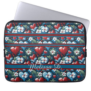 Bloemen Kerst Harten in Rood Blauw en Groen Laptop Sleeve