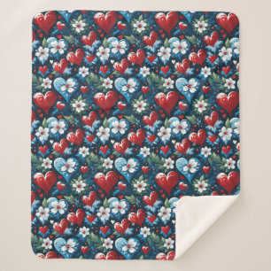 Bloemen Kerst Harten in Rood Blauw en Groen Sherpa Deken