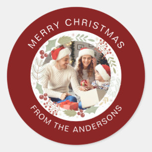 Bloemen Kerst Krans Foto Familienaam Ronde Sticker
