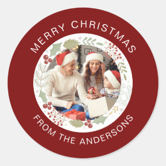 Bloemen Kerst Krans Foto Familienaam Ronde Sticker