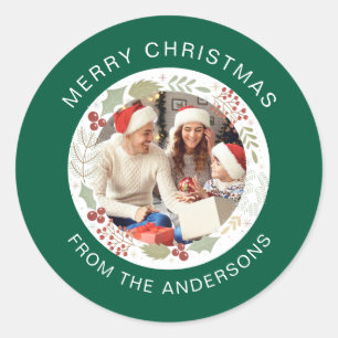 Bloemen Kerst Krans Foto Familienaam Ronde Sticker