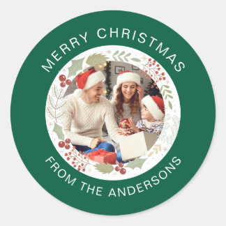 Bloemen Kerst Krans Foto Familienaam Ronde Sticker
