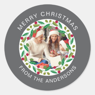 Bloemen Kerst Krans Foto Familienaam Ronde Sticker