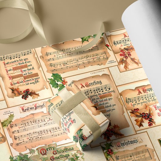 Bloemen Kerstmuziek op Antiek Scrolls Cadeaupapier