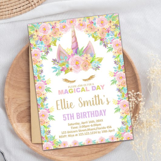 Bloemen Kleuren Witte Eenhoorn Verjaardag Uitnodig Kaart