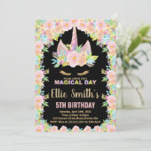 Bloemen Kleuren Zwart Eenhoorn Verjaardag Uitnodig Kaart (Staand voorkant)