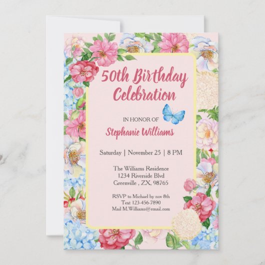 Bloemen Kleurrijke Border Vrouwen 50ste verjaardag Kaart (Voorkant)