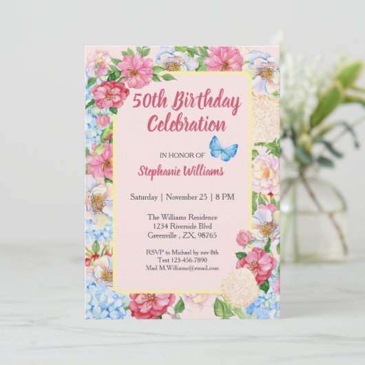 Bloemen Kleurrijke Border Vrouwen 50ste verjaardag Kaart (Staand voorkant)