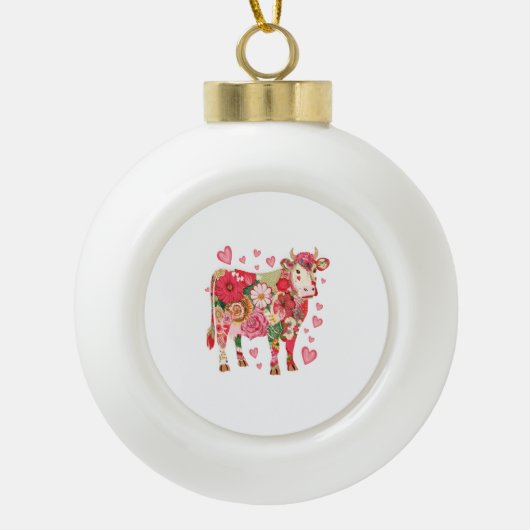 Bloemen Koe, Schattigee Koe Ontwerp Keramische Bal Ornament (Voorkant)