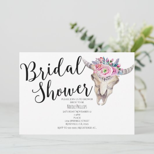 Bloemen Koe Schedel Boho Bruids Douche Uitnodiging (Staand voorkant)
