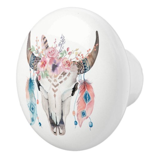 Bloemen & Koe Schedel Rustiek Country Glam veer Keramische Knop (Rechts)