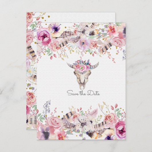 Bloemen & Koeien Schedel Landelijke Rustieke Save Aankondigingskaart (Voorkant / Achterkant)