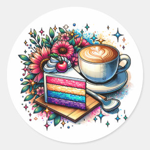 Bloemen, koffie en regenboogtaart ronde sticker