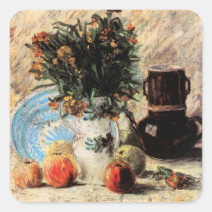 Bloemen, koffiepot en fruit door Vincent van Gogh Vierkante Sticker