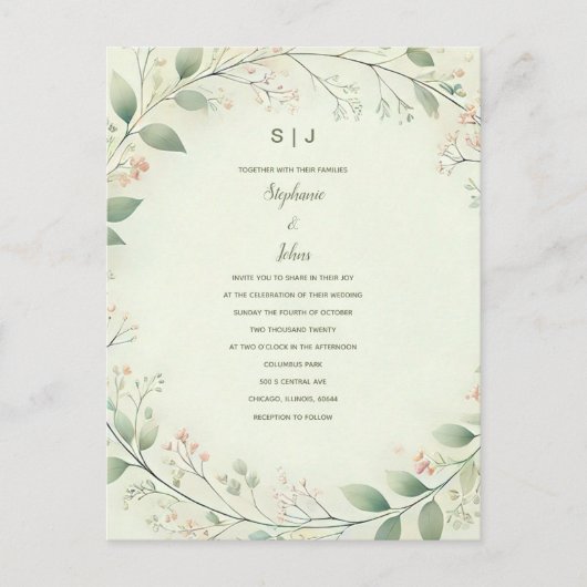 Bloemen Krans Crest Monogram Sage Green Wedding Briefkaart (Voorkant)