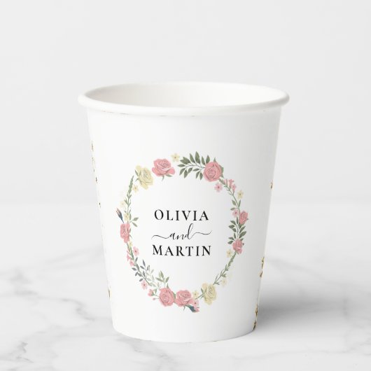 Bloemen Kroon Script Elegantie Trouwfeest Papieren Papieren Bekers (Voorkant)