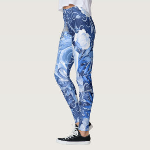 Bloemen Leggings, 1 Blue Flower Print Designer Leggings