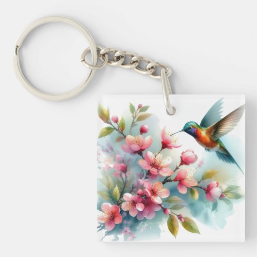 Bloemen/lente kolibrie kunstwerk sleutelhanger (voorkant)