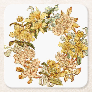 Bloemen Lente krans Bloem Roze Bloemen Art Vierkante Kartonnen Onderzetter
