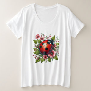 Bloemen/lente lieveheersbeestje artwork grote maat t-shirt
