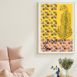 Bloemen Leopard Cheetah Zonnebloem geel en roze Poster