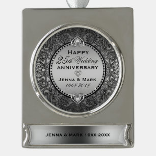 Bloemen Lijst & Harten 25e bruiloft Jubileum Verzilverd Banner Ornament