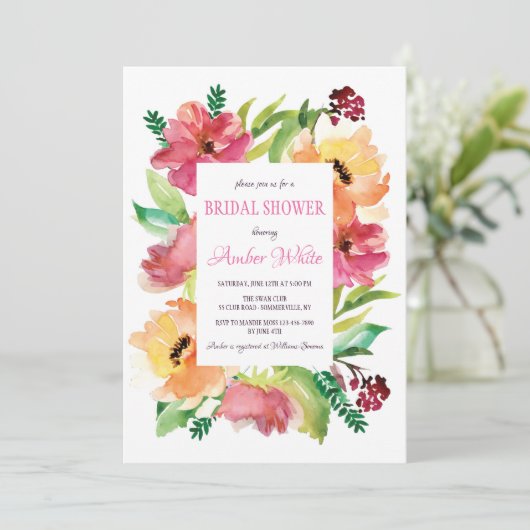 Bloemen Lijst in Waterverf Uitnodiging (Staand voorkant)