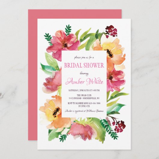 Bloemen Lijst in Waterverf Uitnodiging (Voorkant / Achterkant)