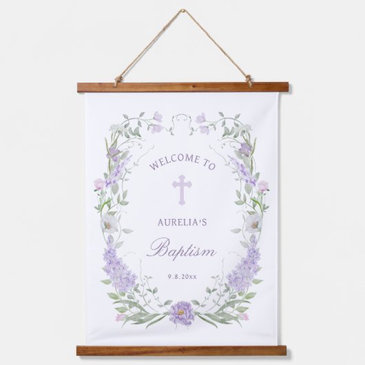Bloemen Lila Lavendel Lijst Doop Welkom Hangend Wandkleed (Voorkant)