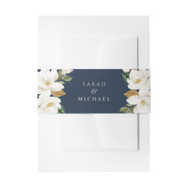 Bloemen Magnolia Neutrale Beige Navy Bruiloft Eleg Uitnodigingen Wikkel