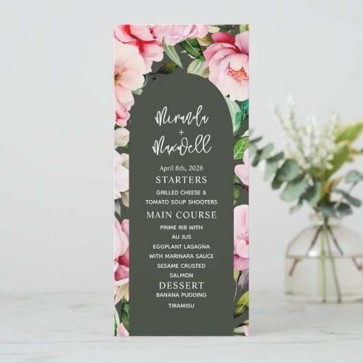 Bloemen Magnolia Pioen Donkergroen Bruiloft Menu (Staand voorkant)