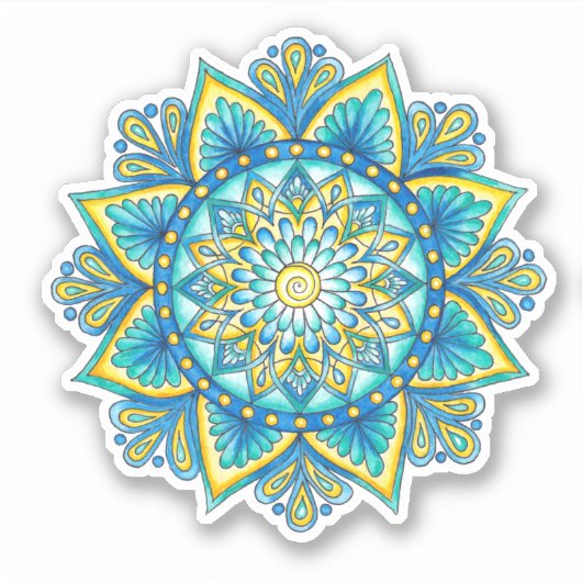 Bloemen Mandala Blauw Turquoise Geel Sticker (Voorkant)