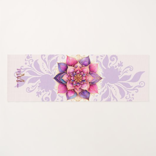 Bloemen Mandala Goud Paarse Elegante Naam Monogram Yogamat (Voorkant (horizontaal))