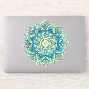 Bloemen Mandala Monogram Blauw Turquoise Geel Sticker