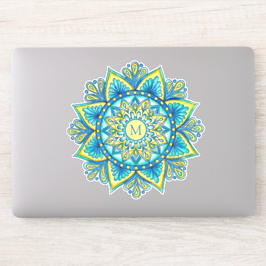 Bloemen Mandala Monogram Blauw Turquoise Geel Sticker (Computer)