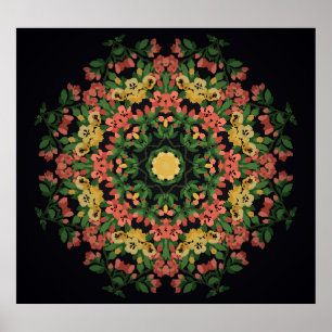 Bloemen mandala: rood, geel . poster