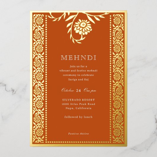 Bloemen Marigold Gold Mehndi uitnodiging (Voorkant)