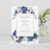 Bloemen Marine Blauw Blush Roze bruiloft uitnodigi Kaart (Staand voorkant)