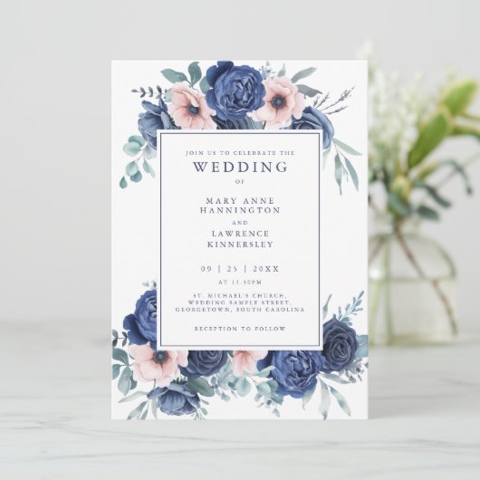 Bloemen Marine Blauw Blush Roze bruiloft uitnodigi Kaart (Staand voorkant)