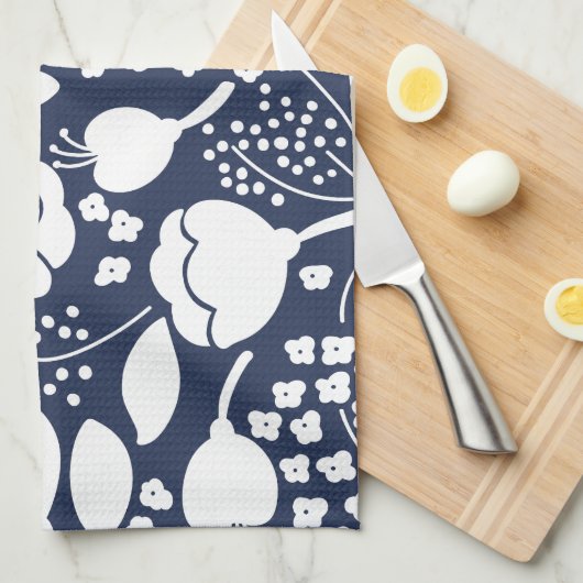 Bloemen marine blauw en witte keukenhanddoek (Quarter Fold)