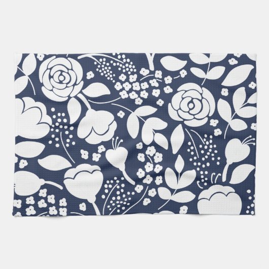 Bloemen marine blauw en witte keukenhanddoek (Horizontaal)
