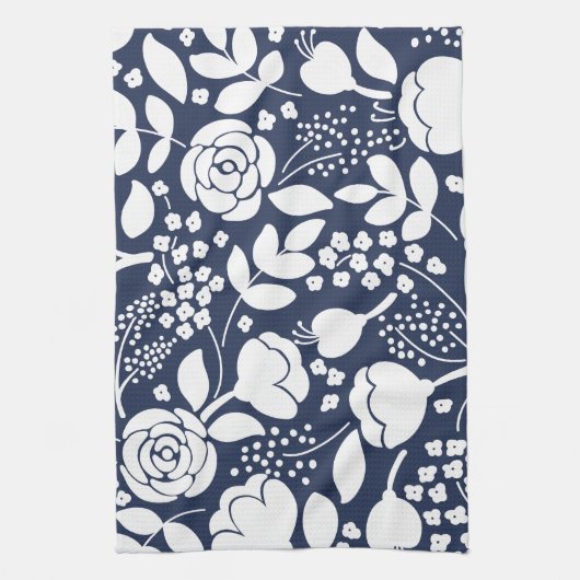 Bloemen marine blauw en witte keukenhanddoek (Verticaal)