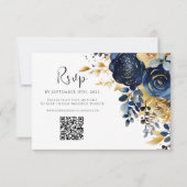 Bloemen Marine Blauw Goud QR Code Bruiloft RSVP Kaartje (Voorkant)