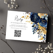 Bloemen Marine Blauw Goud QR Code Bruiloft RSVP Kaartje