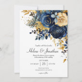 Bloemen Marine Blauw Gouden Tuin Elegante Huwelijk Kaart (Voorkant)