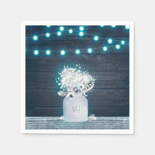 Bloemen Mason Jar & Blue Lights Rustieke bruiloft Servetten (Voorkant)